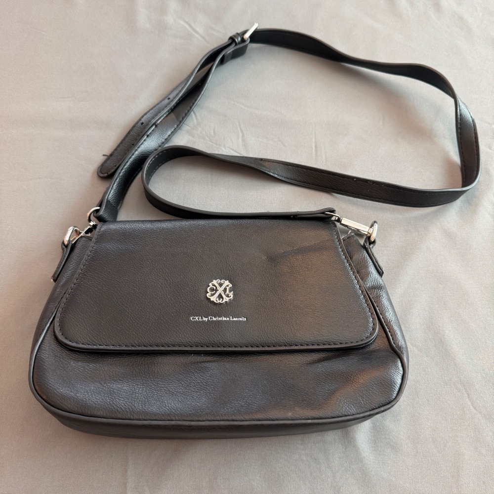 CXL by Christian Lacroix Black Faux Leather Flap Crossbody Bag Silver Logo Small
